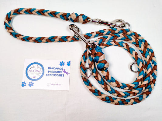 Pre Made: adjustable 6 Strand Half Round Braid Lead, Teal, Chocolate Brown, Tan, 1.25m Kim & Milly's Cords 4 Paws Paracord Handmade Dog Accessories Customizable Made in Germany Shipping worldwide