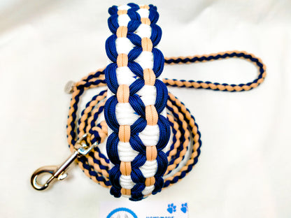 Pre Made: 4 Strand Round Braid Lead, Tan, Midnight Blue, 1.3m Kim & Milly's Cords 4 Paws Paracord Handmade Dog Accessories Customizable Made in Germany Shipping worldwide