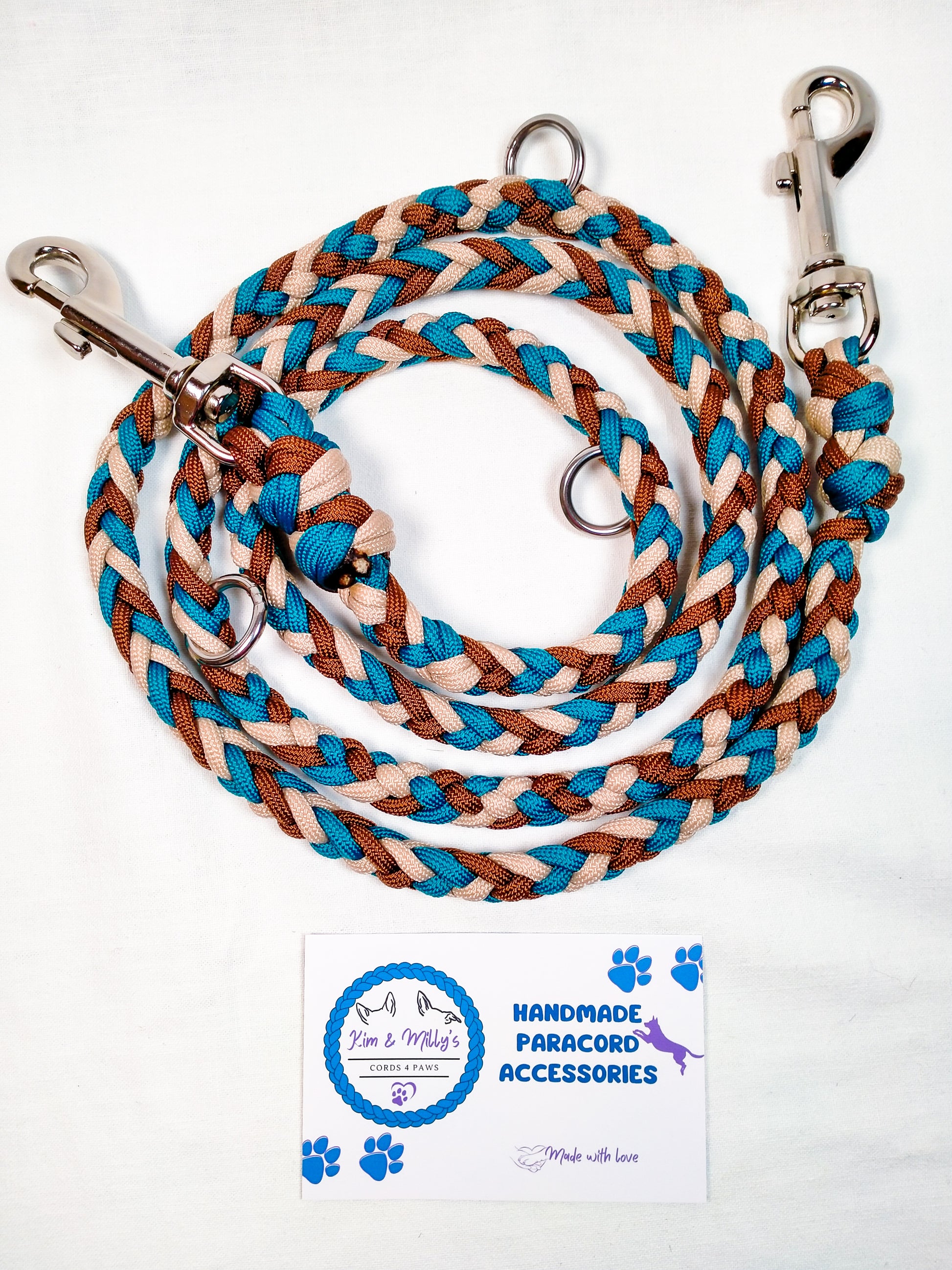Pre Made: adjustable 6 Strand Half Round Braid Lead, Teal, Chocolate Brown, Tan, 1.25m Kim & Milly's Cords 4 Paws Paracord Handmade Dog Accessories Customizable Made in Germany Shipping worldwide